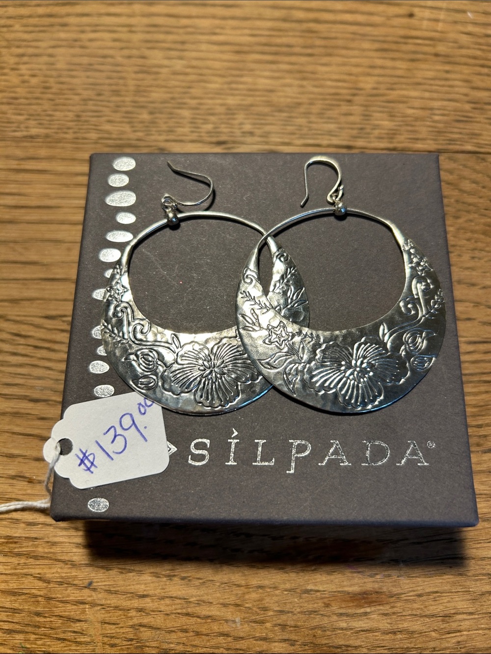 Silpada .925 Sterling Silver Floral Crescent Hoop Earrings - Picture 2 of 2